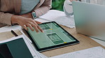 Tablet, discussion and hands business women in office for planning creative project with collaboration. Digital technology, conversation and magazine editors with article for publishing at agency.