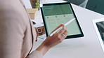 Office, creative team and hands with tablet screen for project, talking and planning for pr campaign. Online, pitch and people with tech for brand awareness, scroll and collaboration with publicist