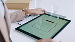 Tablet screen, hands and woman in office, stylus and planning for magazine publication. Copywriting, person and journalist in workplace, creative agency and tech for online news report and editor