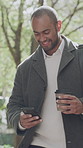 Business, smartphone and man in city, coffee and digital app for social media, walking and internet. Outdoor, herbal tea or cellphone for communication, person or message to contact, email or network