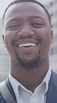 Face, businessman and smile in city with pride, real estate job and opportunity for property investment. Happy, black person and realtor outdoor with career growth, urban development and about us.