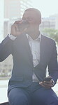Drink, phone and businessman in city for coffee break, connectivity and message notification for email. Reading, caffeine and black person with mobile for online chat, flare and networking in town