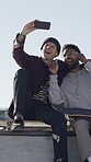 Skateboarder, friends and men with selfie on ramp, social media post and capture bonding for memory. Smile, connection and people with photography at skate park, flare and hand gesture for picture