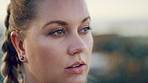 Woman, thinking and fitness with vision in nature for workout, determination or affirmation. Thoughtful, female person or wonder with dream or contemplating for outdoor exercise, health or wellness