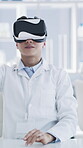 Vr, science and touch with woman in laboratory for medical research, dna hologram and biotechnology. Augmented reality, healthcare and 3d molecule with person in clinic for virtual experience
