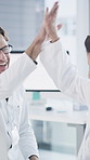 Scientist, man and high five with woman in lab, mentor and trainee with laptop for medical research. Happy, colleagues and people with tech for pharmaceutical breakthrough, success and celebration