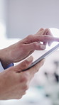 Scientist, typing and hands with tablet in lab for medical research, treatment plan and healthcare. Pharmaceutical, info and person with tech for innovation, scroll and study for drug development