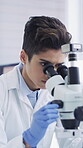 Scientist, laboratory and woman with microscope for test analysis, medical research and chemistry. Healthcare, biotechnology and people with solution for pathology, experiment or forensic sample