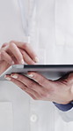 Scientist, online and hands with tablet in lab for medical research, treatment plan and healthcare. Pharmaceutical, info and person with tech for innovation, scroll and study for drug development
