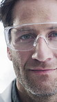 Science, face or man in lab with goggles, job or experience in vaccine development. Medical research, portrait or scientist in clinic with glasses, confidence or work in pharmaceutical study.
