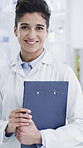 Science, face or woman in lab with clipboard, job or experience in vaccine development. Medical research, portrait or scientist in clinic with checklist, confidence or work in pharmaceutical study.
