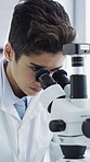 Science, laboratory and woman with microscope for analysis, medical research and chemistry. Healthcare, biotechnology and scientist with solution sample for pathology, experiment or forensic data