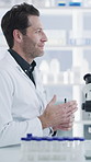 Speaking, science and people with notebook in lab, planning  vaccine experiment and medical research team. Talking, cure development and scientist brainstorming for trial, testing method or technique