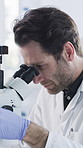 Scientist, laboratory and man with microscope for sample analysis, medical research and chemistry. Healthcare, biotechnology and people with solution for pathology, experiment or forensic test