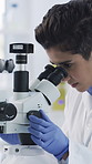 Scientist, laboratory and woman with microscope for sample analysis, medical research and chemistry. Healthcare, biotechnology and people with solution for pathology, experiment or forensic test