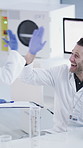 Happy people, scientist and success with high five in laboratory for sceintific breakthrough. Man, woman or forensic team with microscope, smile or clipboard for clinic trial, examination or results