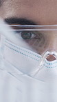 Scientist, dropper and liquid in test tubes in lab for clinical trial, medical research and synthesis. Eyes, person and closeup of vial sample for science study, chemistry and innovation with safety