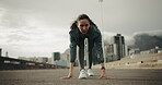 Woman, training and start running in city with cardio exercise, wellness or endurance workout on road. Fitness, female person or runner in urban town for sport, beginning or getting ready for sprint.