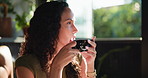 Thinking, drinking and woman in cafe, relax and nostalgia for memory, caffeine and morning. Customer, daydreaming and person in coffee shop, thoughtful or reflection to remember, herbal tea or wonder
