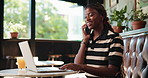 Smile, black woman and phone call with laptop at cafe for discussion, planning and contact editor. Happy, person and freelancer with mobile for conversation, interview source and chat for publication