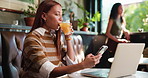 Juice, phone and remote work with woman in coffee shop for communication, lunch break or planning. App, drink and reading text message with freelance employee in cafe or restaurant for feedback