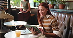 Copywriting, tablet and woman in cafe, smile and email for online article, internet and creativity. Research, journalist and person in restaurant, typing and tech for news report and ideas for story