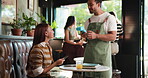Payment, credit card and people in cafe with machine, eft service and online transfer in pos system. Checkout, customer and waiter with tech, cashless and wireless transaction in electronic banking.
