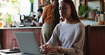 Laptop, remote work and woman typing in coffee shop for newsletter, blog and copywriting on website. Computer, cafe and freelance copywriter with email for research, review article or lead magnet