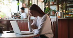 Laptop, remote work and stress with woman in cafe for planning fatigue, problem solving or research. Computer, headache and mistake with tired freelancer in coffee shop or restaurant for frustration
