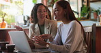 Laptop, remote work and talking with women in coffee shop together for meeting, planning or research. Computer, conversation and teamwork with employee people in cafe or restaurant for discussion