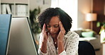 Programmer, headache and woman with computer, office and thinking with burnout, flare and exhausted. Employee, fatigue and mature person with migraine, web development and reflection for workload