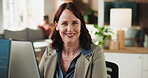 Face, laptop and planning with woman web designer in workplace for development or programming. Computer, design and smile with mature employee in creative office for management or project planning