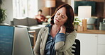 Web developer, neck pain and woman with computer, office and massage for muscle strain and pressure. Thinking, employee and mature person with injury, bad posture and programmer with joint tension