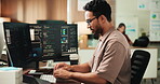 Typing, computer and programming with business man for cybersecurity, firewall code and research. Software engineering, it encryption and cloud data systems with person in office for tech agency