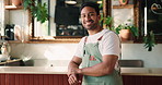 Happy, man and face of server in coffee shop for confidence in hospitality career with about us. Smile, business and portrait of male waiter with pride for customer service at cafe in Colombia.