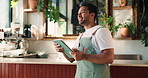 Thinking, business owner and man with tablet, cafe or stock order on website, scroll and menu update. Check, sales and person with tech for inventory management, entrepreneur and happy in coffee shop