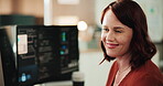 Smile, computer and programming with business woman for cybersecurity, firewall code and research. Software engineering, it encryption and cloud data systems with mature person in tech agency