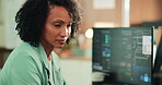 Research, computer and programming with business woman for cybersecurity, firewall code and reading. Software engineering, it encryption and cloud data systems with person in office for tech agency