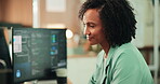 Happy, coder and woman with computer screen, office and plan for web development, reading or online. Programmer, coding and mature person with tech for project,  smile and problem solving with info