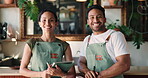Face, florist and team with tablet, small business and happy with clipboard, online and stock order. Check, sales and people with tech for inventory management, sustainability and smile in plant shop