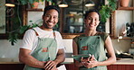 Face, florist and team with tablet, sustainable business and entrepreneur with smile and stock order. Happy, colleagues and people with tech for inventory, eco friendly and research in plant shop