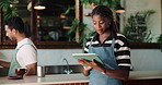 Barista, tablet and woman in cafe, typing and email notification for stock order. People, business owner or employees in restaurant, tech or internet for sales promotion, menu items or online service