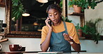 Phone call, chat or owner in bistro with tablet, inventory management or negotiation with supplier. Hospitality, contact or black woman with tech, stock checklist or vendor networking in restaurant.