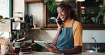 Phone call, chat or woman in cafe with tablet, inventory management or negotiation with supplier. Happy, networking or black owner with tech, stock checklist or vendor coordination in restaurant.