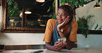Thinking, laugh or black woman in cafe with phone, online gif or chat reply on work break. Happiness, reflection or employee in restaurant with tech, funny review or hospitality gossip in free time.
