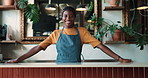 Happy, black woman and face of waitress in coffee shop for confidence in hospitality career. Smile, small business and portrait of African female server with pride for customer service in cafe.