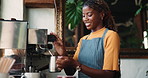 Black woman, barista and coffee machine at cafe with smile for prepare order, drink and job at diner. African person, server and equipment for warm beverage, cup and happy for service at restaurant