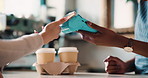 Hands, phone and pos for order at cafe with easy payment, click and paperless transaction. People, server and customer experience with drinks, smartphone and fintech app with barista coffee shop