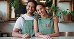 Entrepreneur, face and couple with smile in coffee shop, small business owners and customer service career. Portrait, managers and happy people with support for startup cafe, hospitality and laugh
