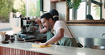 Hospitality, people and cleaning in coffee shop with cloth, hygiene policy or disinfection for bacteria. Team, talk and polish counter in cafe with sanitation, shine and prepare for customer service.